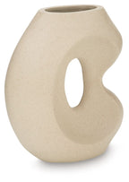 Beige ceramic vase with sculpted form and central oval side cutout.