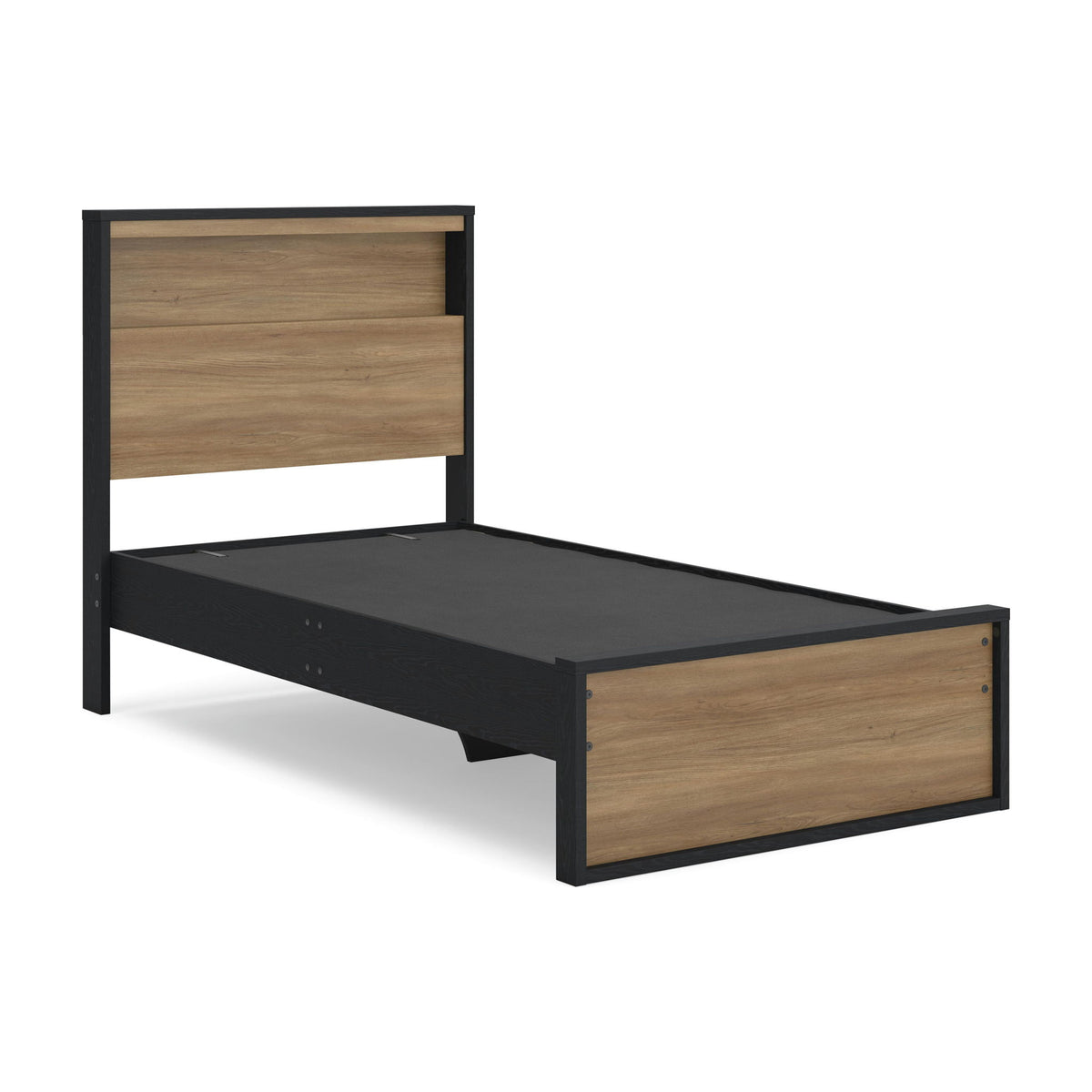 Bookcase bed frame with dark frame, wood panel headboard, black mattress and side panels
