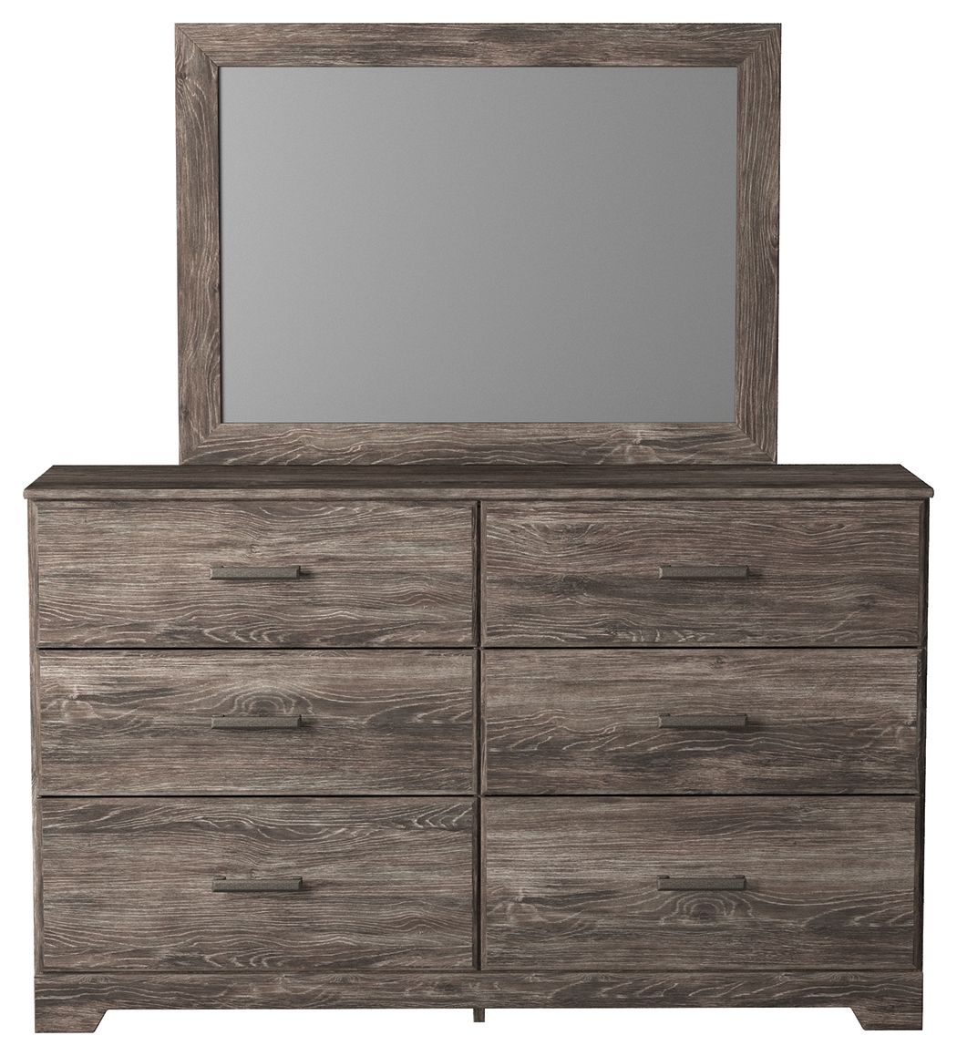 Gray wood dresser with four drawers and a framed square mirror