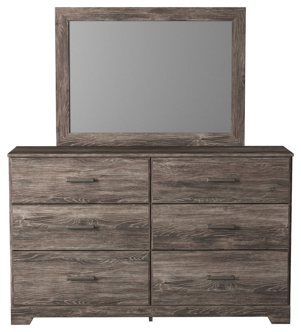 Gray wood dresser with rectangular mirror and six drawers, metal bar handles