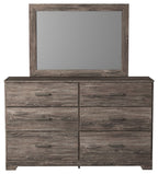 Gray wood dresser with rectangular mirror and six drawers, metal bar handles