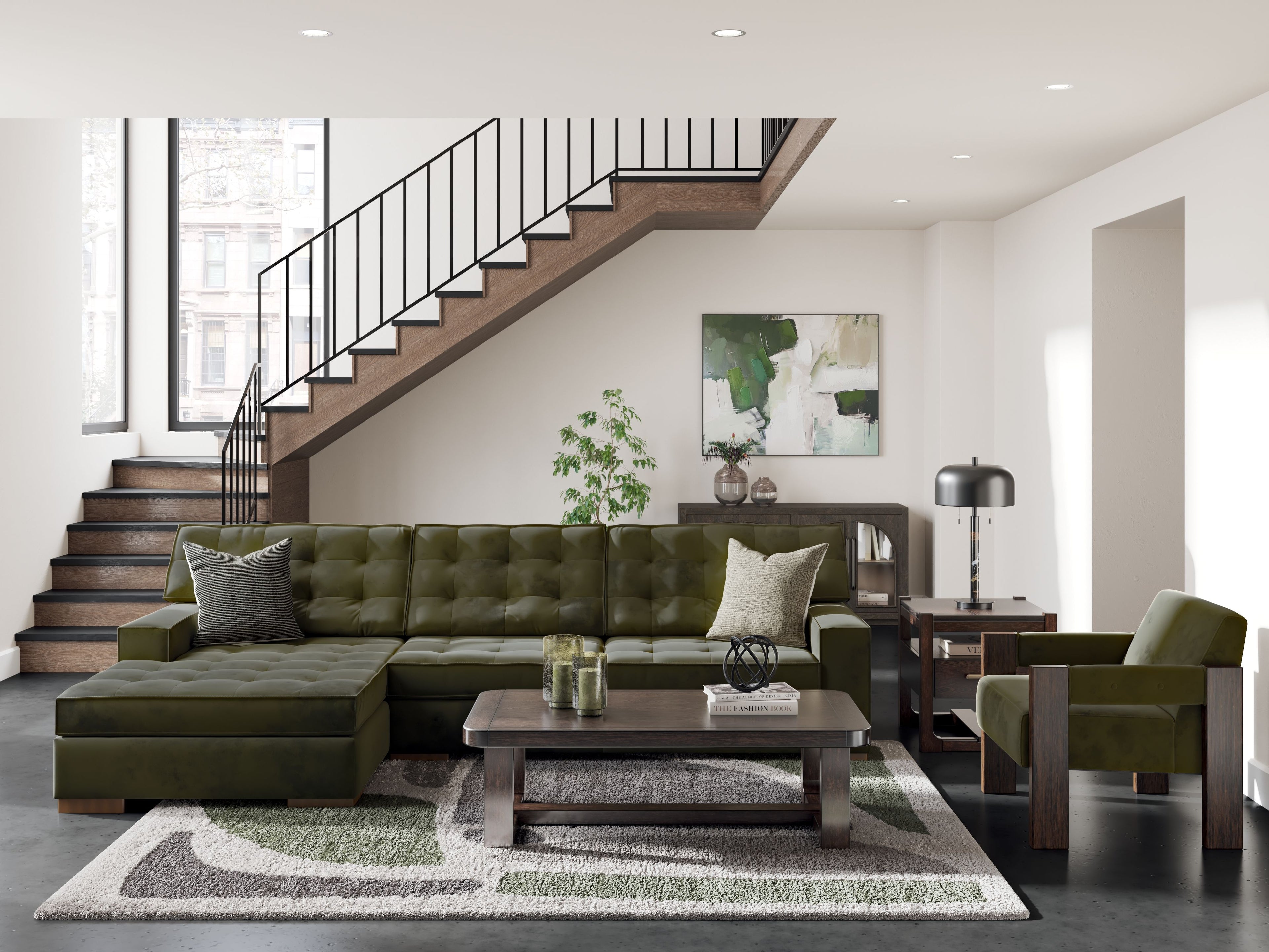 Olive green corner sectional sofa with chaise, tufted upholstery and square pillows