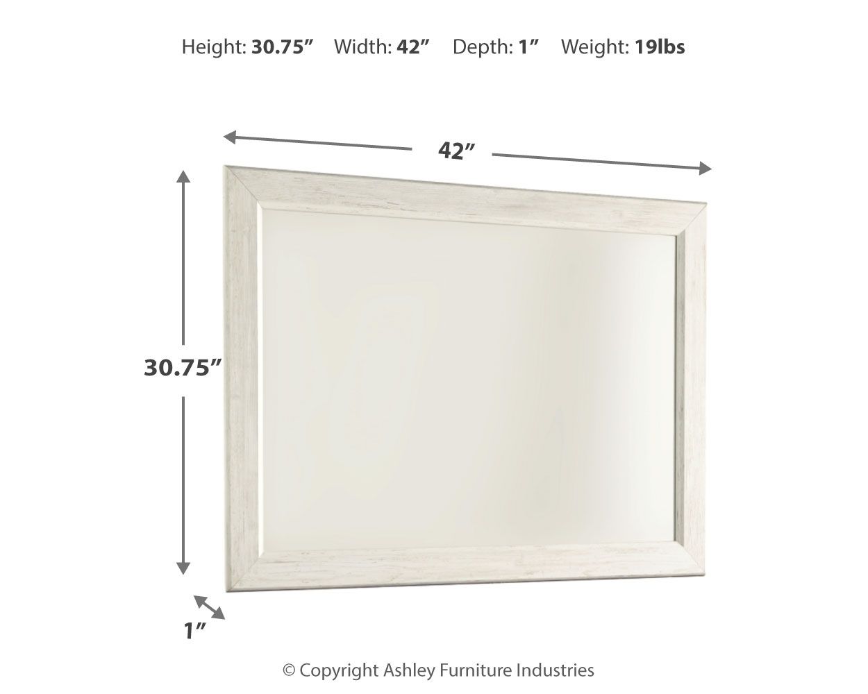 Rectangular whitewash bedroom mirror with thin frame, height-width diagram