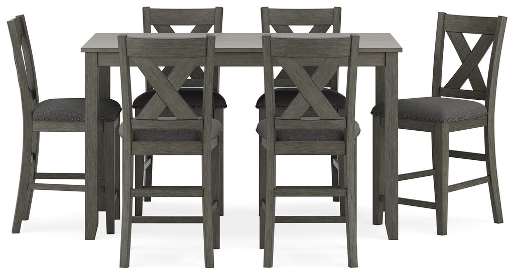 Gray rectangular counter table with six X-back padded chairs