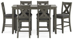 Gray rectangular counter table with six X-back padded chairs