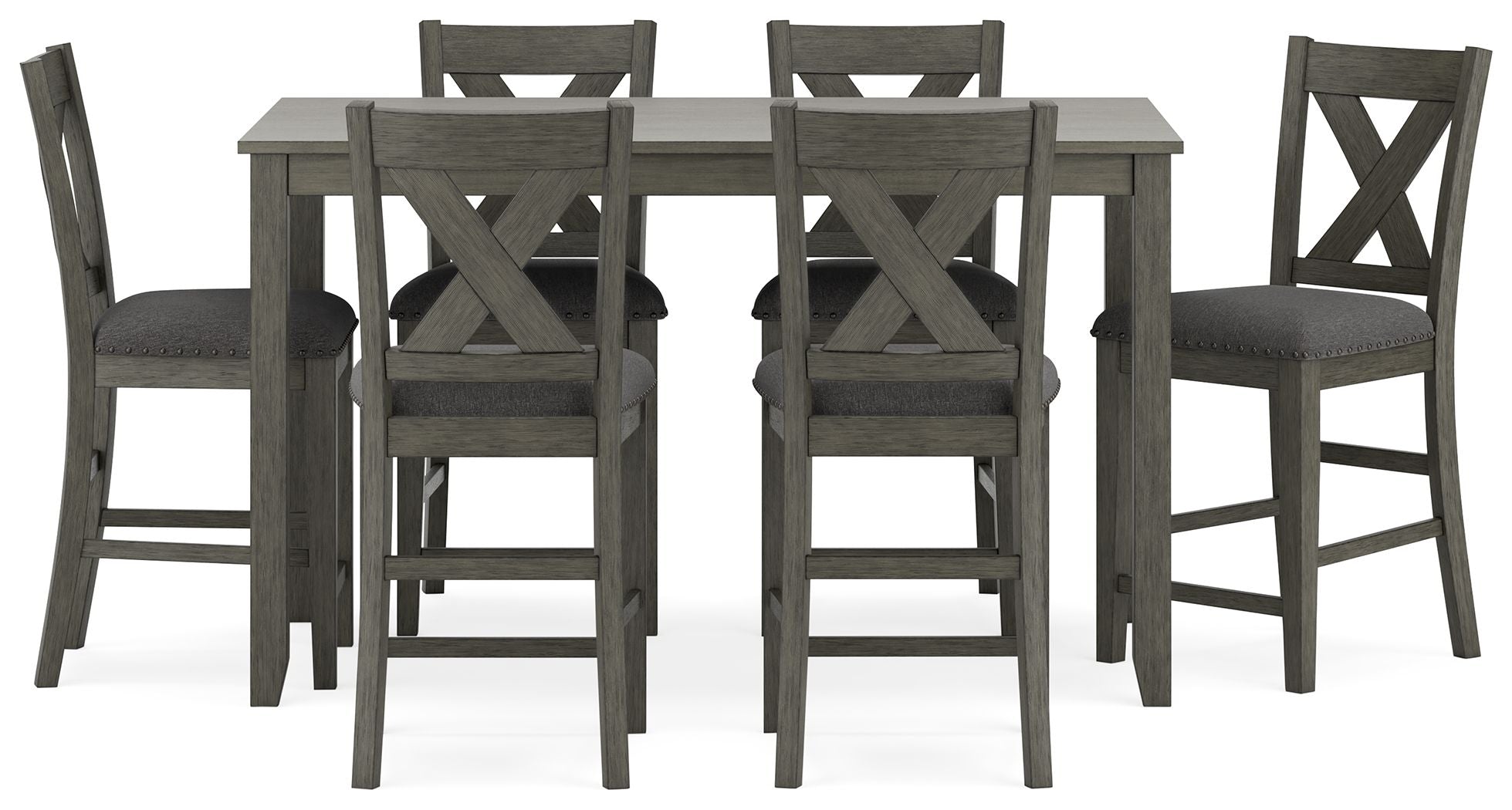 Gray rectangular counter table with six X-back padded chairs