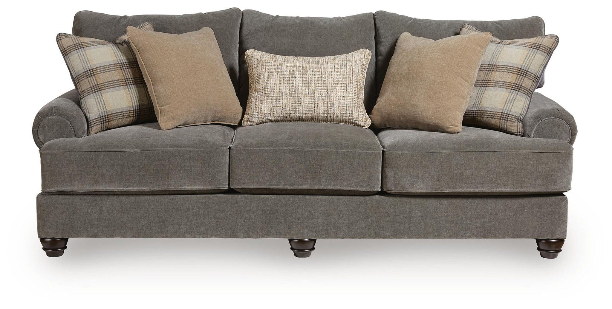 Gray upholstered sofa with three seat cushions and plaid plus tan throw pillows
