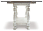 Gray flip-top sofa table with white turned legs and open underside, front view