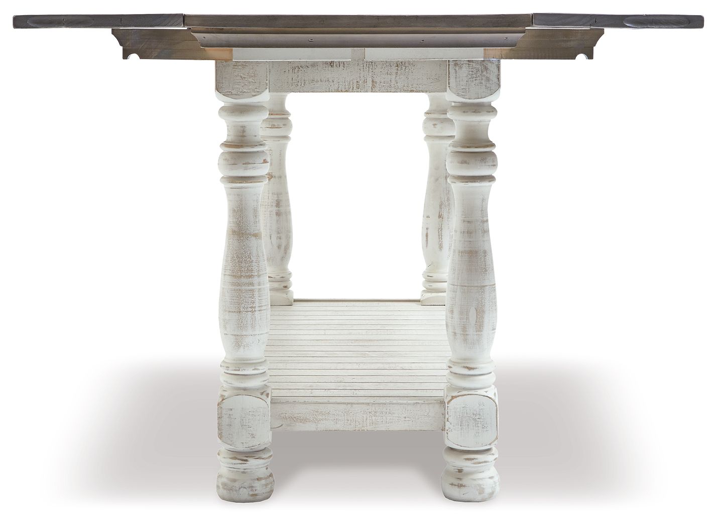 Gray flip-top sofa table with white turned legs and open underside, front view