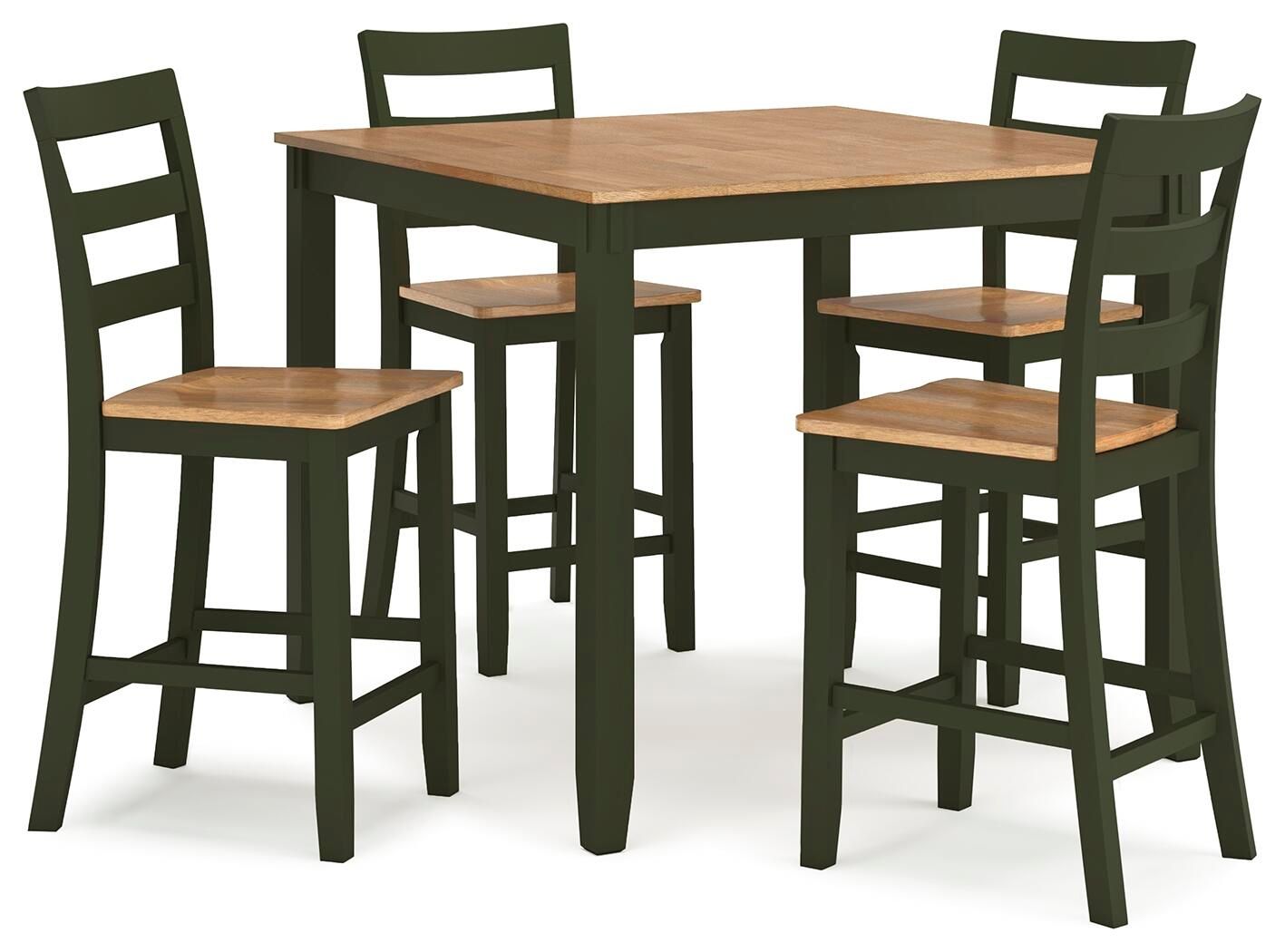 Dining room counter table set with rectangular wood top and 4 ladder-back chairs, dark finish