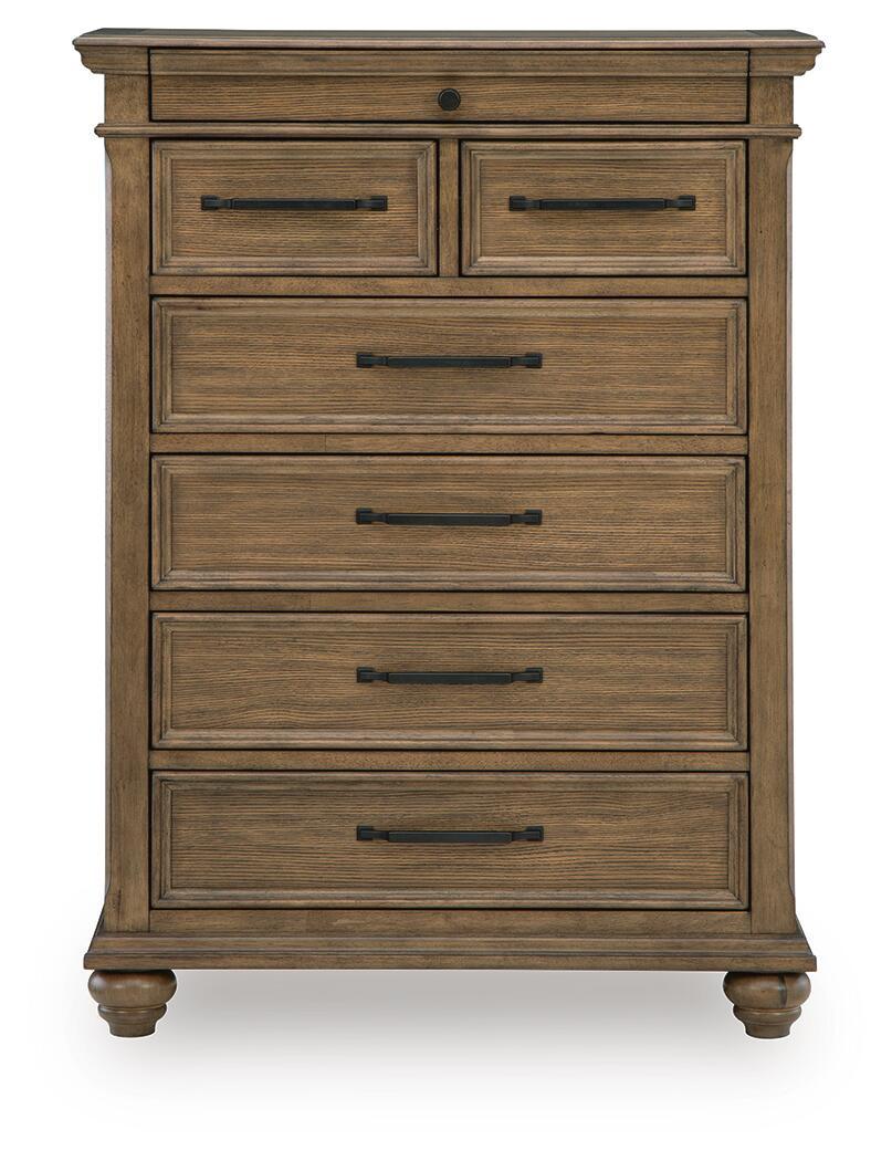 Medium brown wooden chest of drawers with seven drawers and dark metal bar handles
