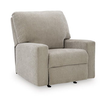 Light gray rocker recliner chair with plush armrests and padded back cushion