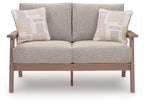 Light gray loveseat with driftwood frame, two square pillows, and divided back cushions.