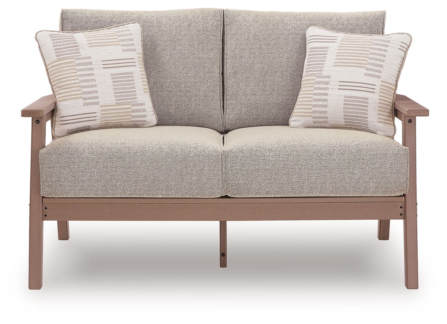 Light gray loveseat with driftwood frame, two square pillows, and divided back cushions.