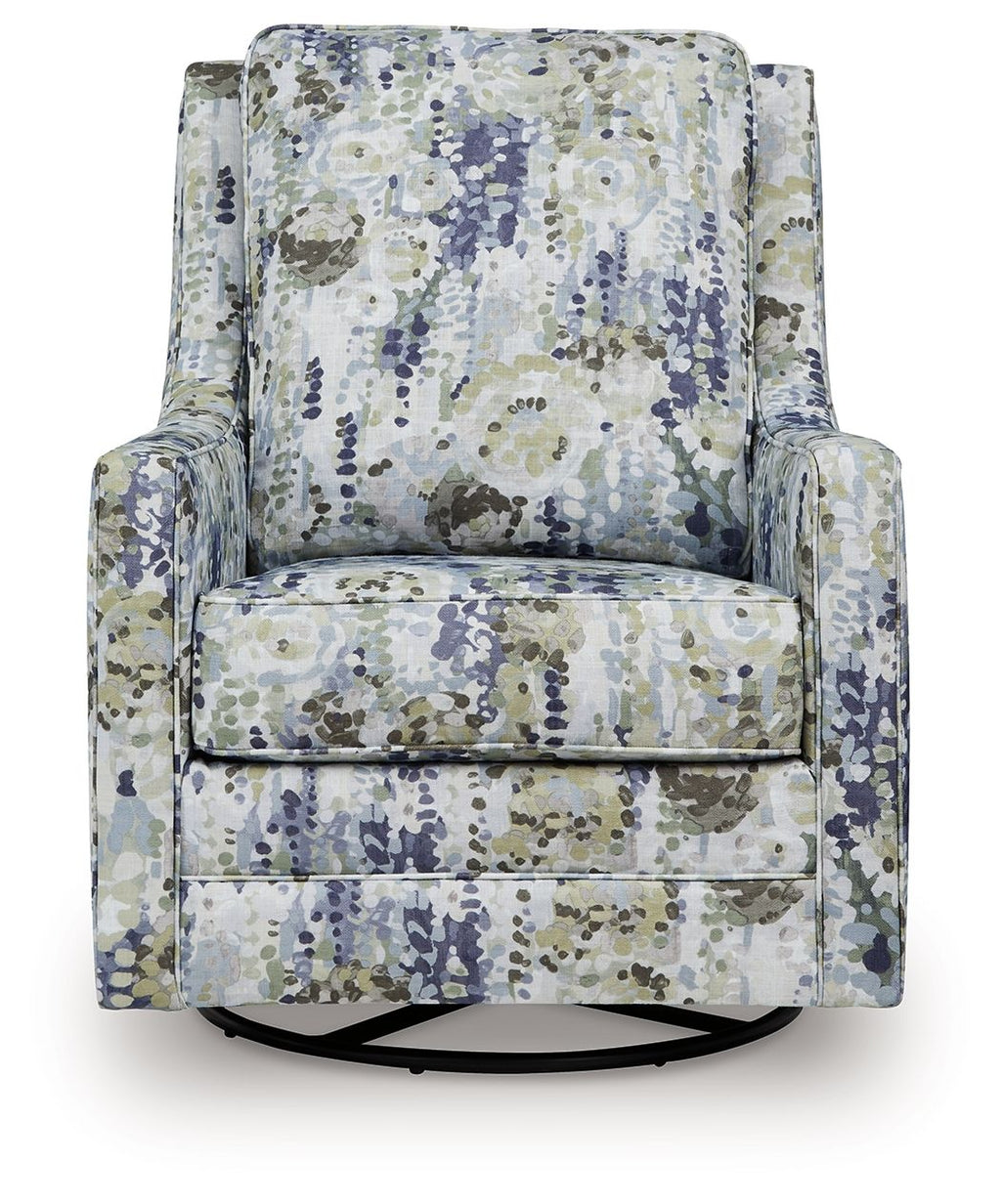 Swivel glider accent chair with patterned seat and back cushions in blue-green speckles
