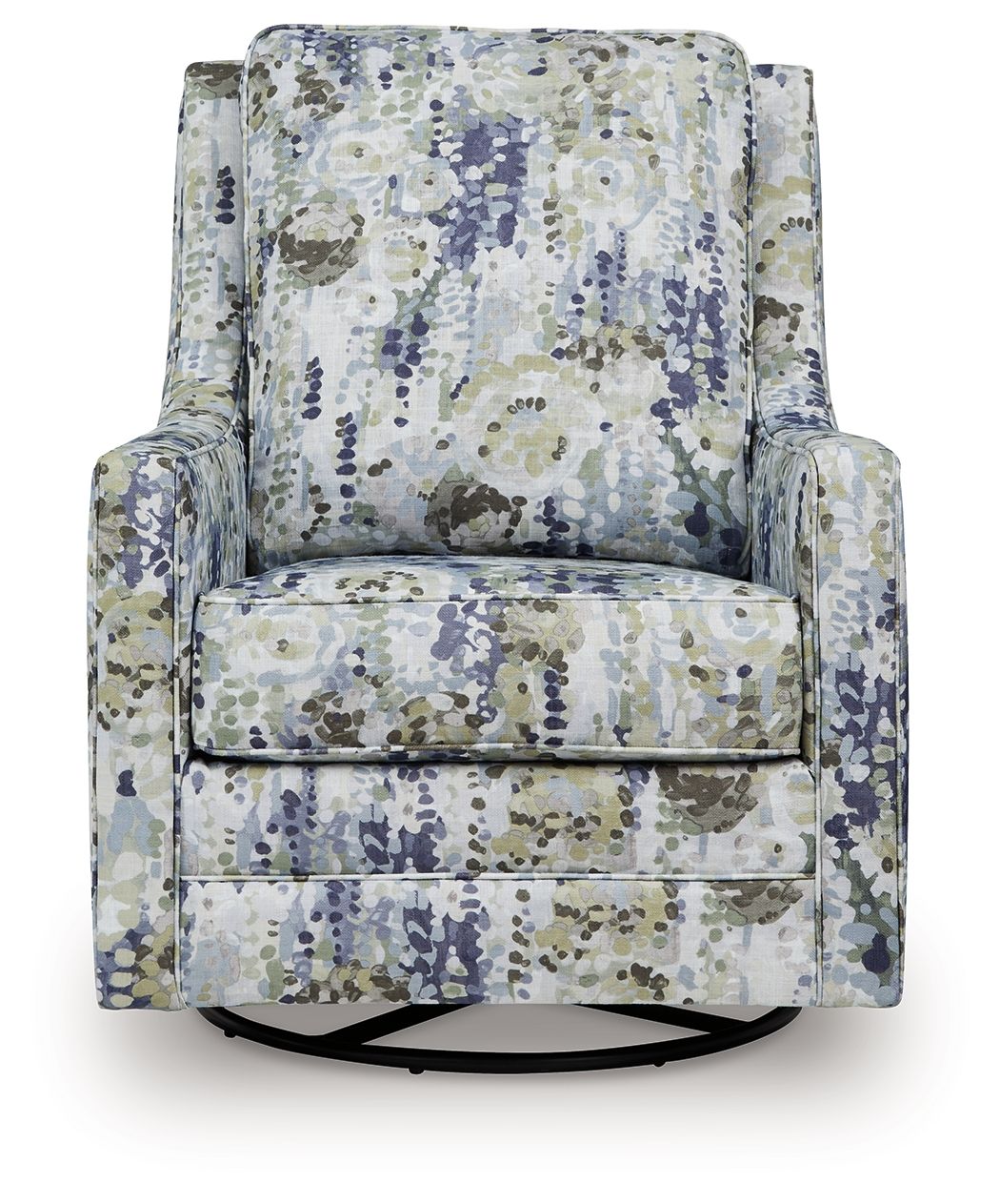 Swivel glider accent chair with patterned seat and back cushions in blue-green speckles