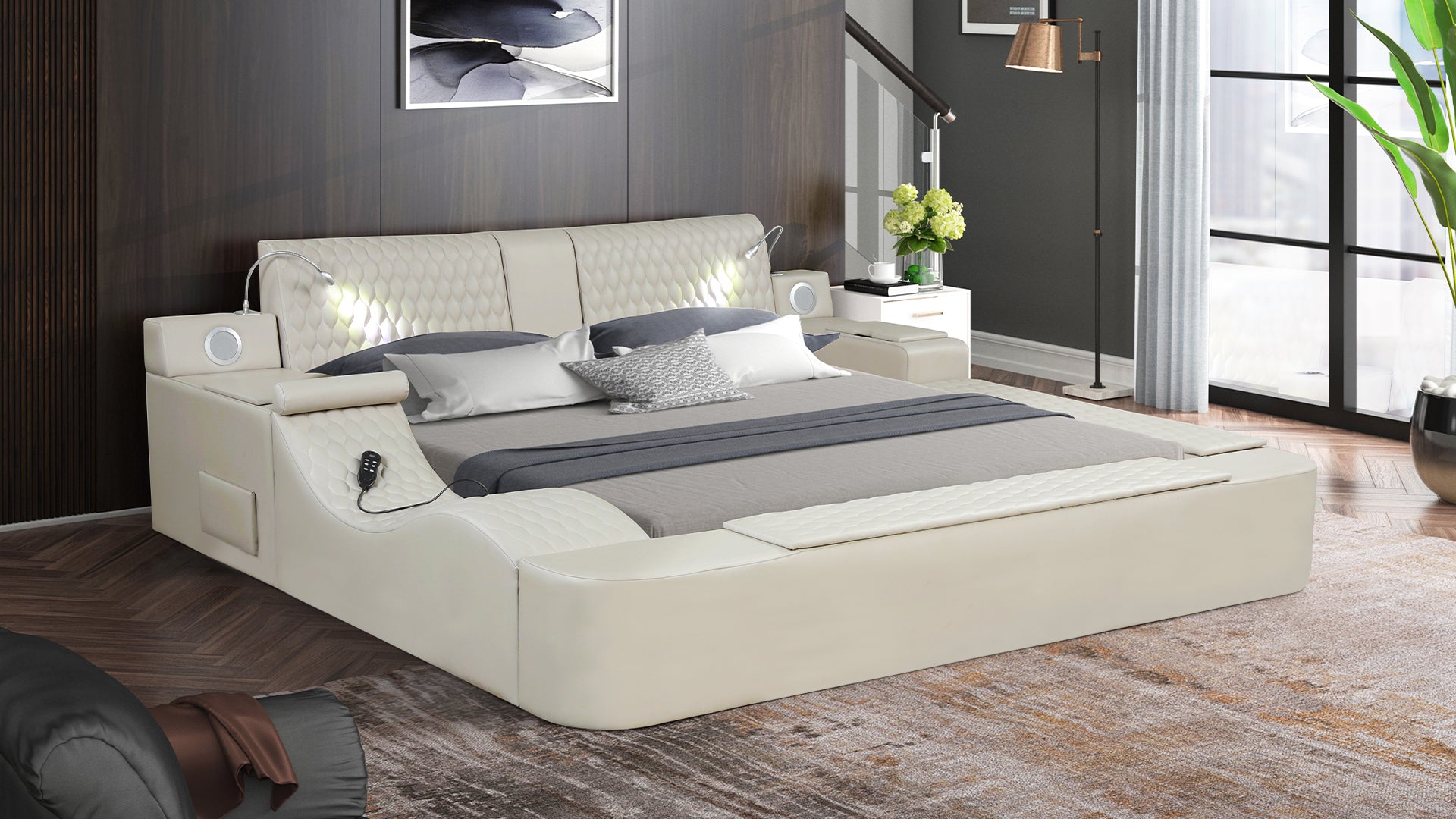 ZOYA Smart Multifunctional Queen Bed with Massager, Beige