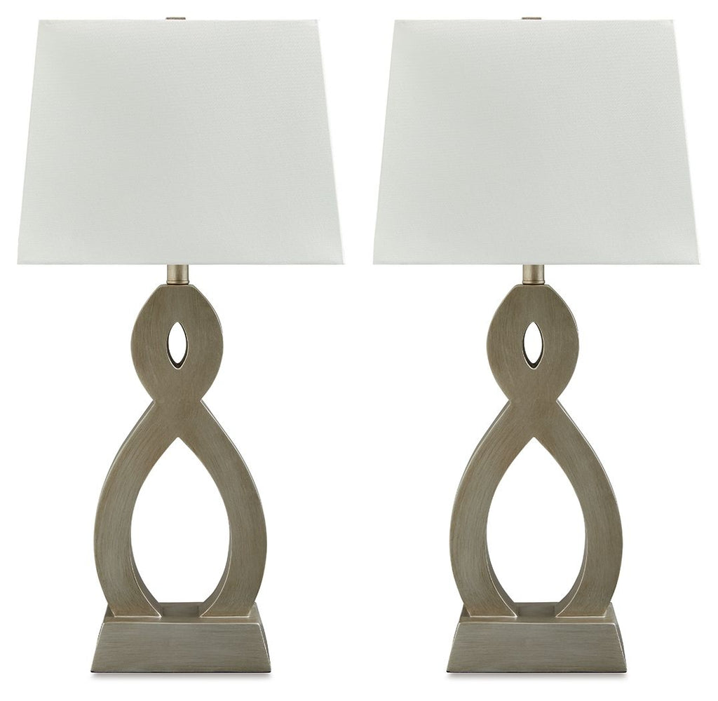 Set of 2 table lamps with off-white fabric drum shades and gray sculpted bases