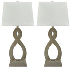 Set of 2 table lamps with off-white fabric drum shades and gray sculpted bases