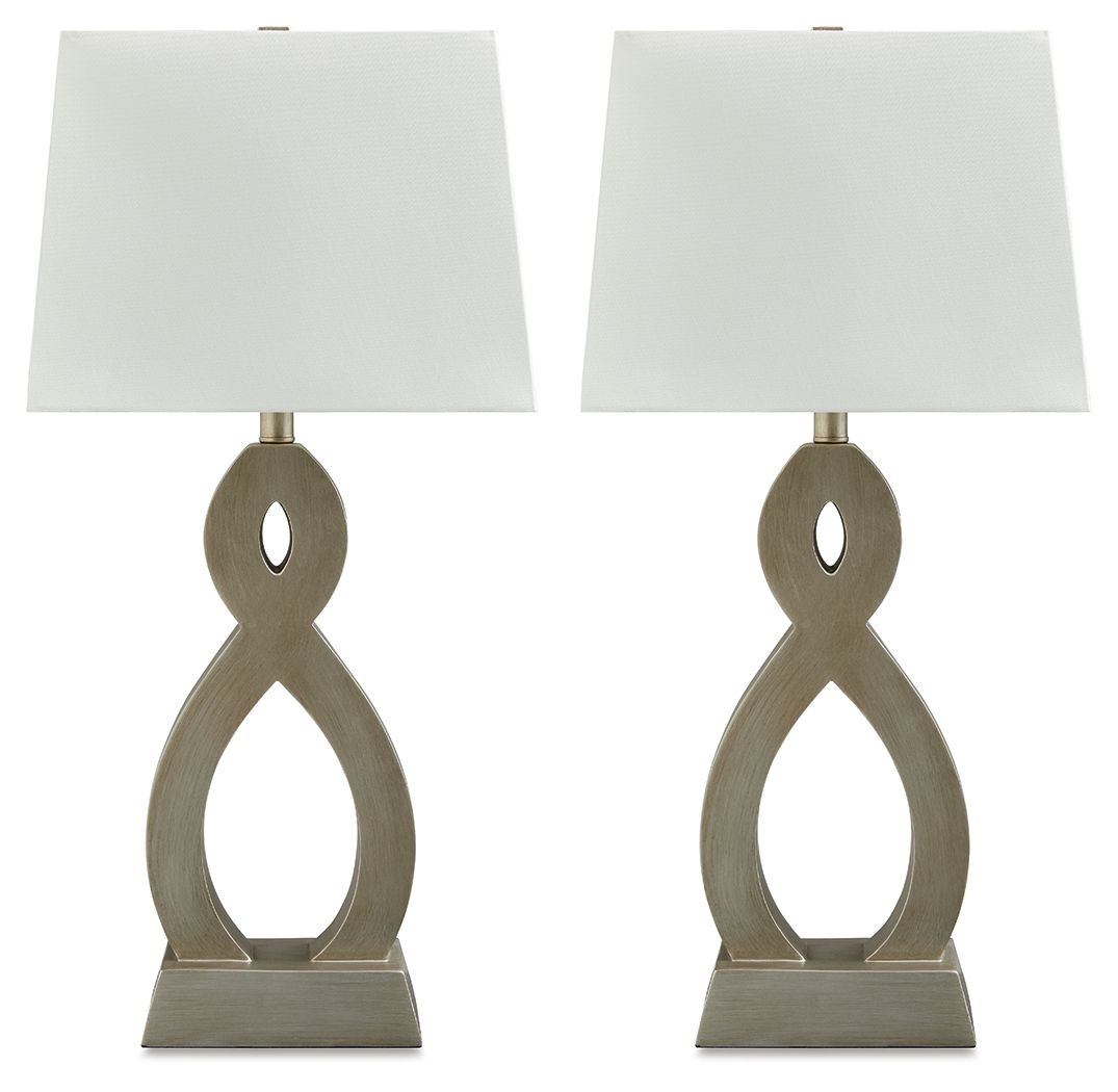 Set of 2 table lamps with off-white fabric drum shades and gray sculpted bases