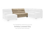 Sand armless loveseat section with thick seat cushions and button-tufted back, black legs