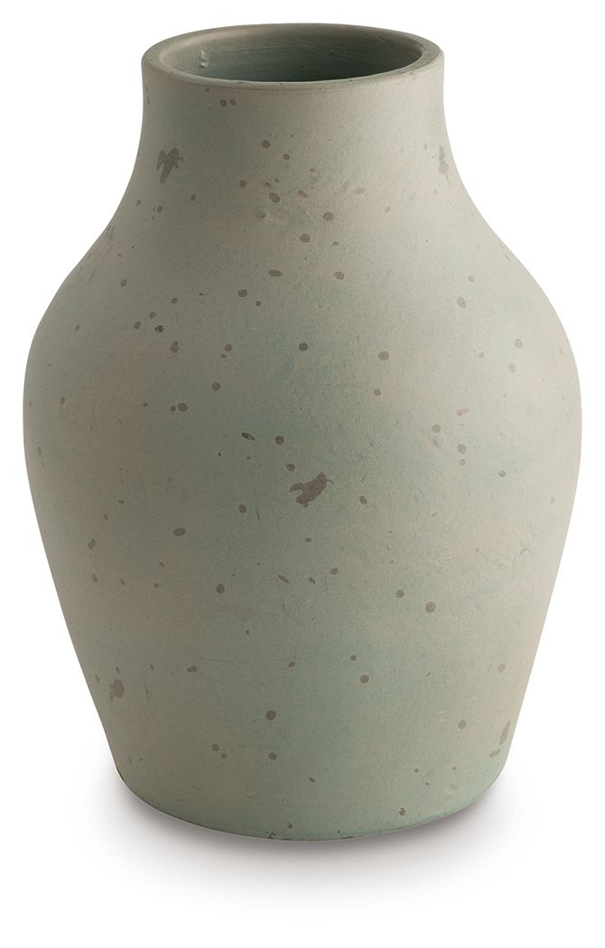 Green ceramic vase with narrow neck and speckled finish