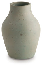 Green ceramic vase with narrow neck and speckled finish
