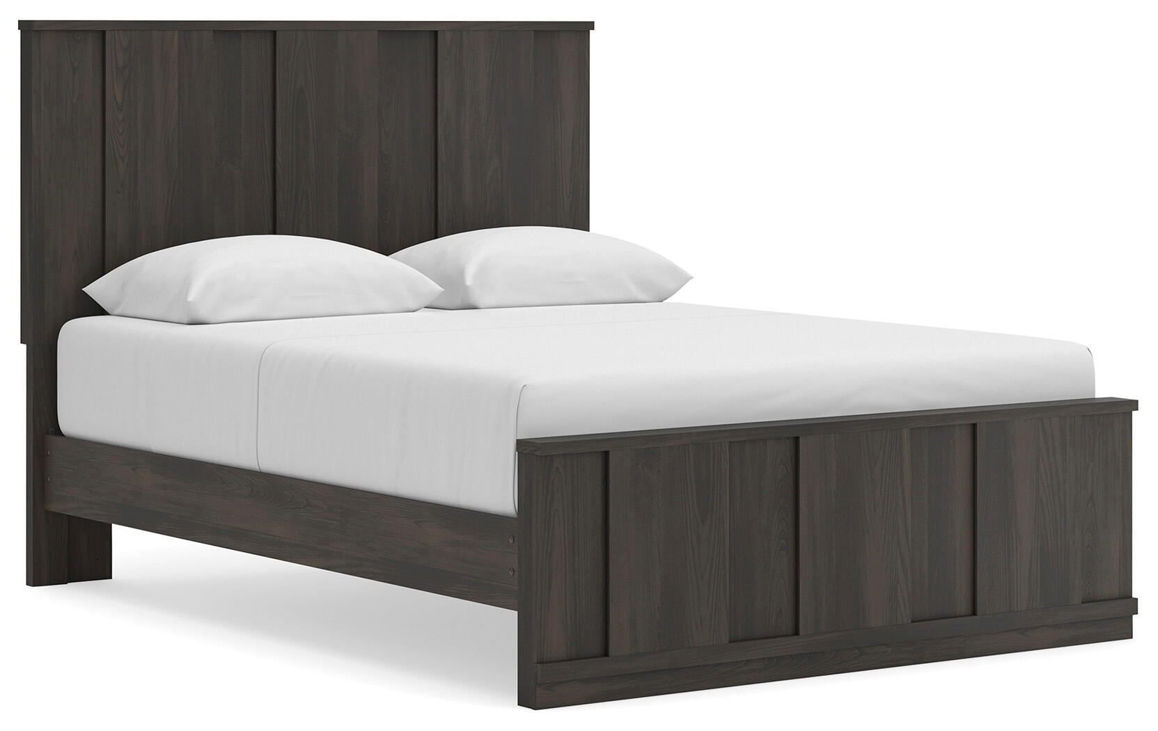 Dark brown panel platform bed with slatted headboard and low footboard