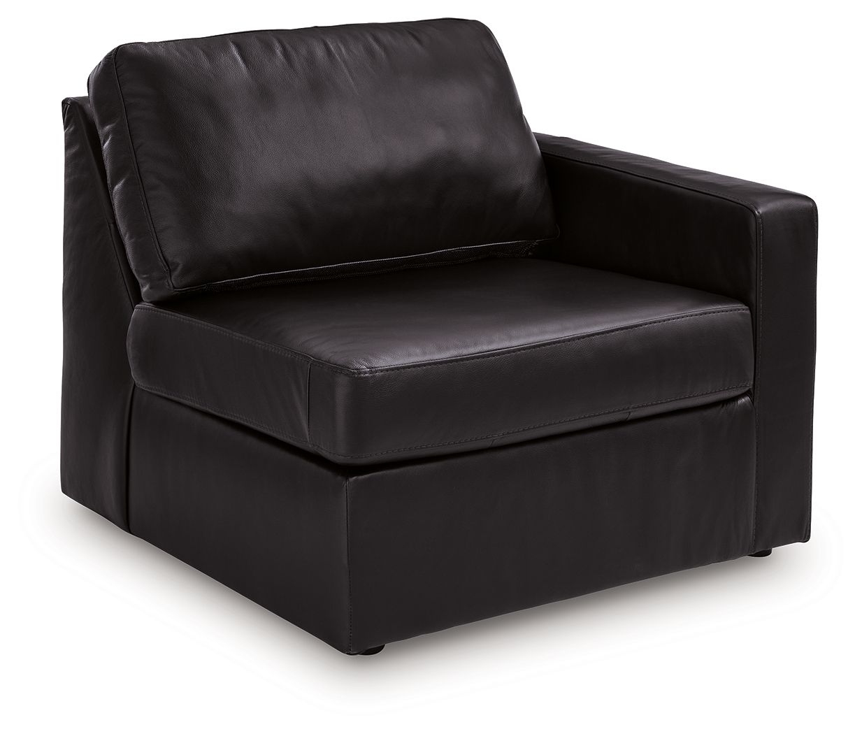 Black corner armchair with cushioned seat, rounded arms, and thick backrest