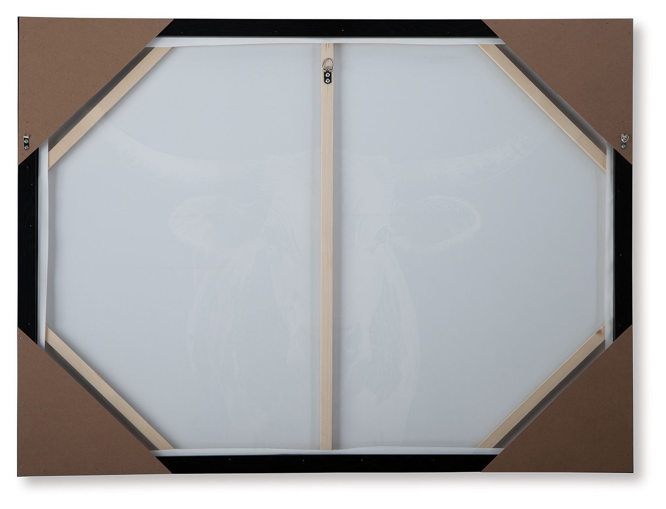 Framed wall art back panel with hanging hardware and white backing