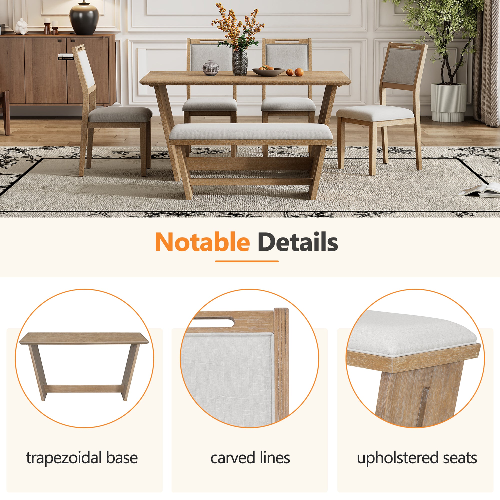 6-Pc Retro Dining Set w/ Bench - Natural Wood
