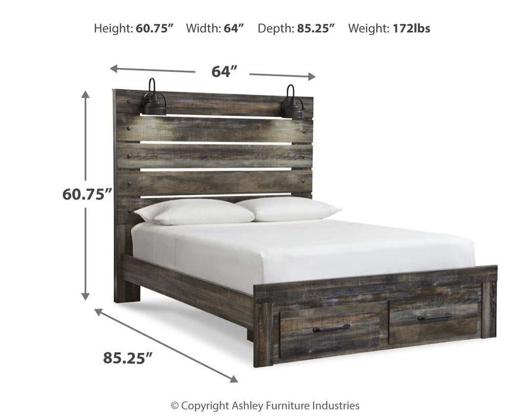 Dark wood panel bed with slatted headboard and footboard, white mattress and pillows