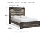 Dark wood panel bed with slatted headboard and footboard, white mattress and pillows
