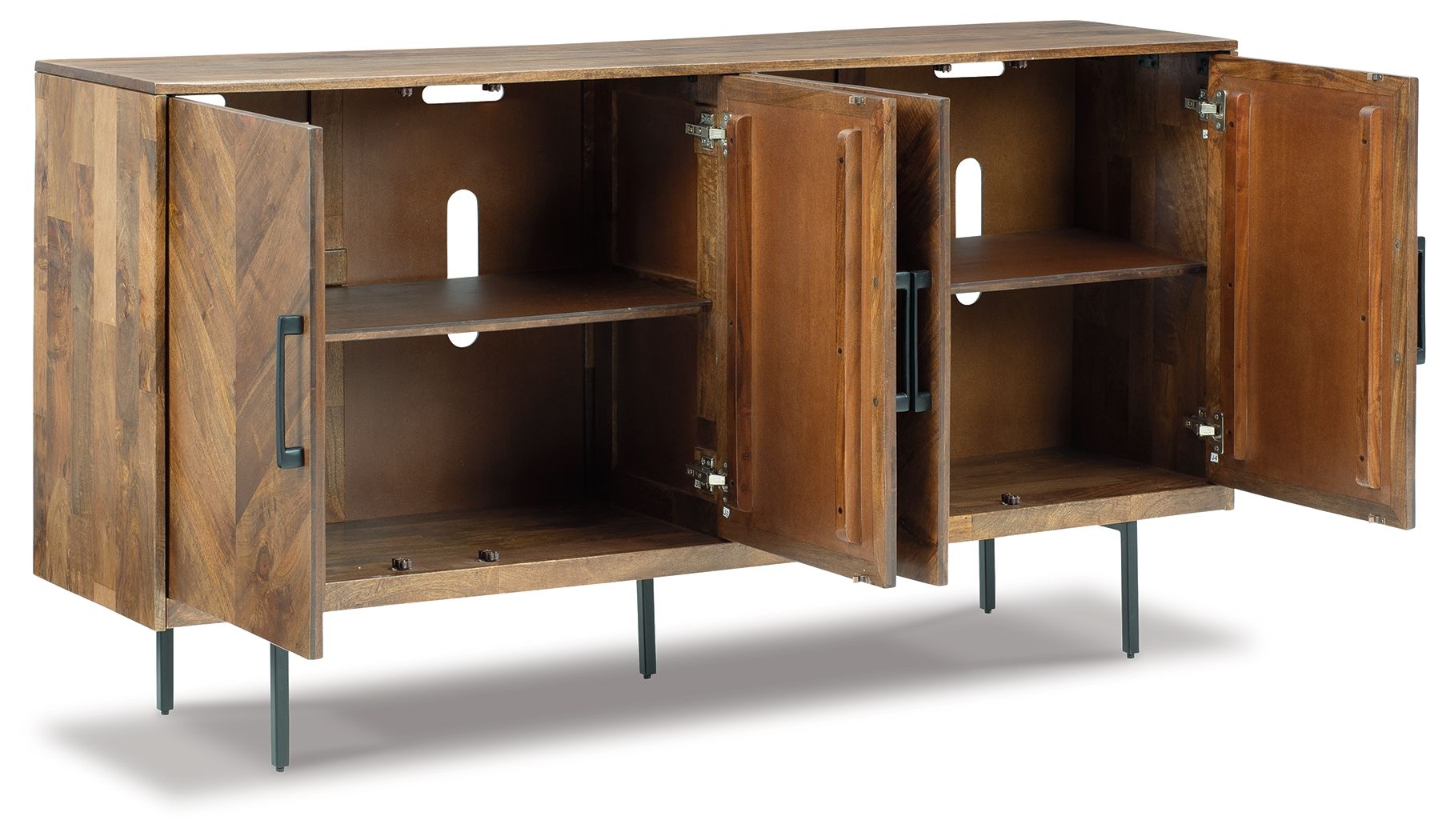 Brown accent cabinet with two open doors and interior shelves