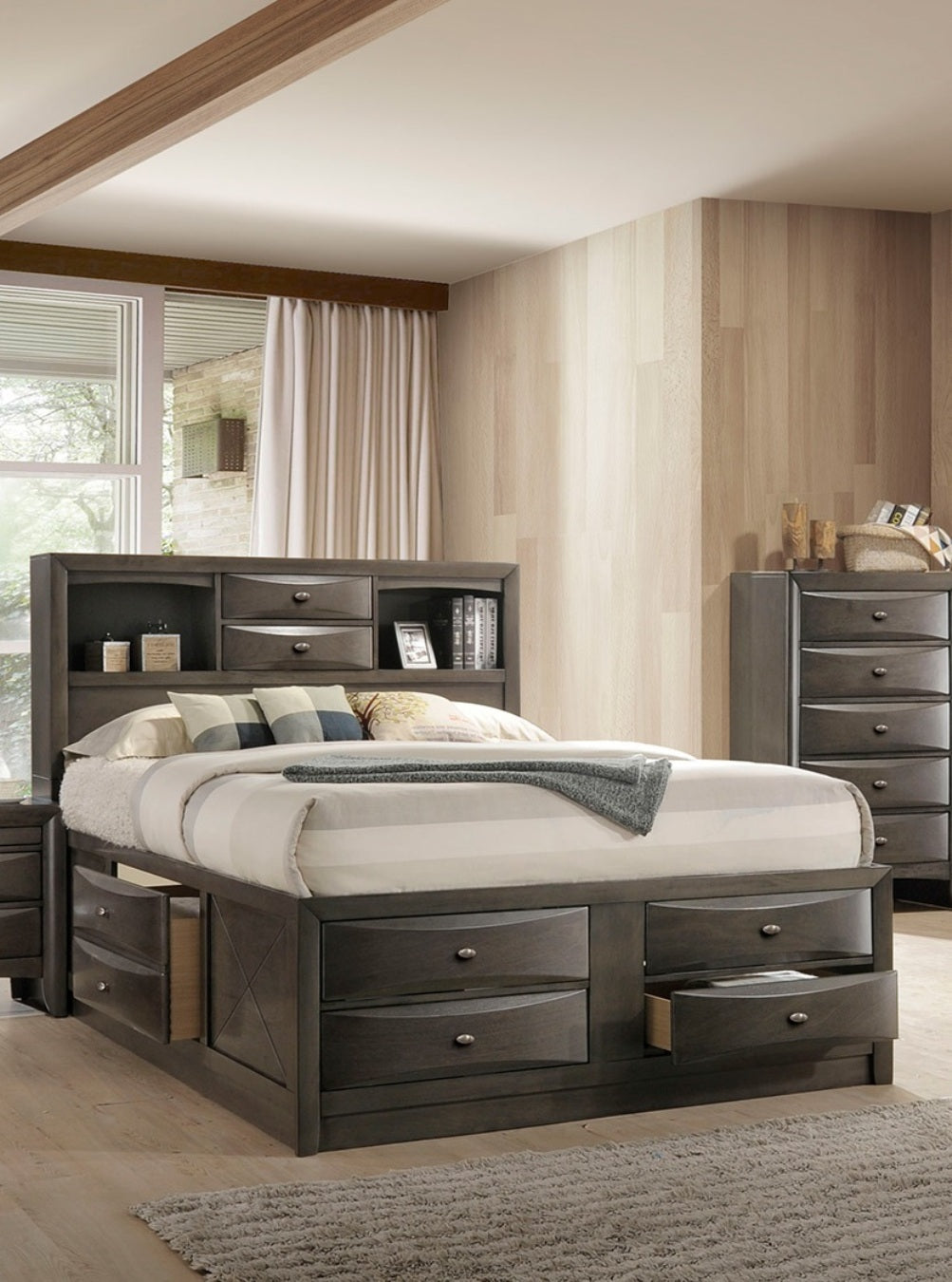 Contemporary Gray Queen Bed: Storage Footboard, Bookcase Headboard