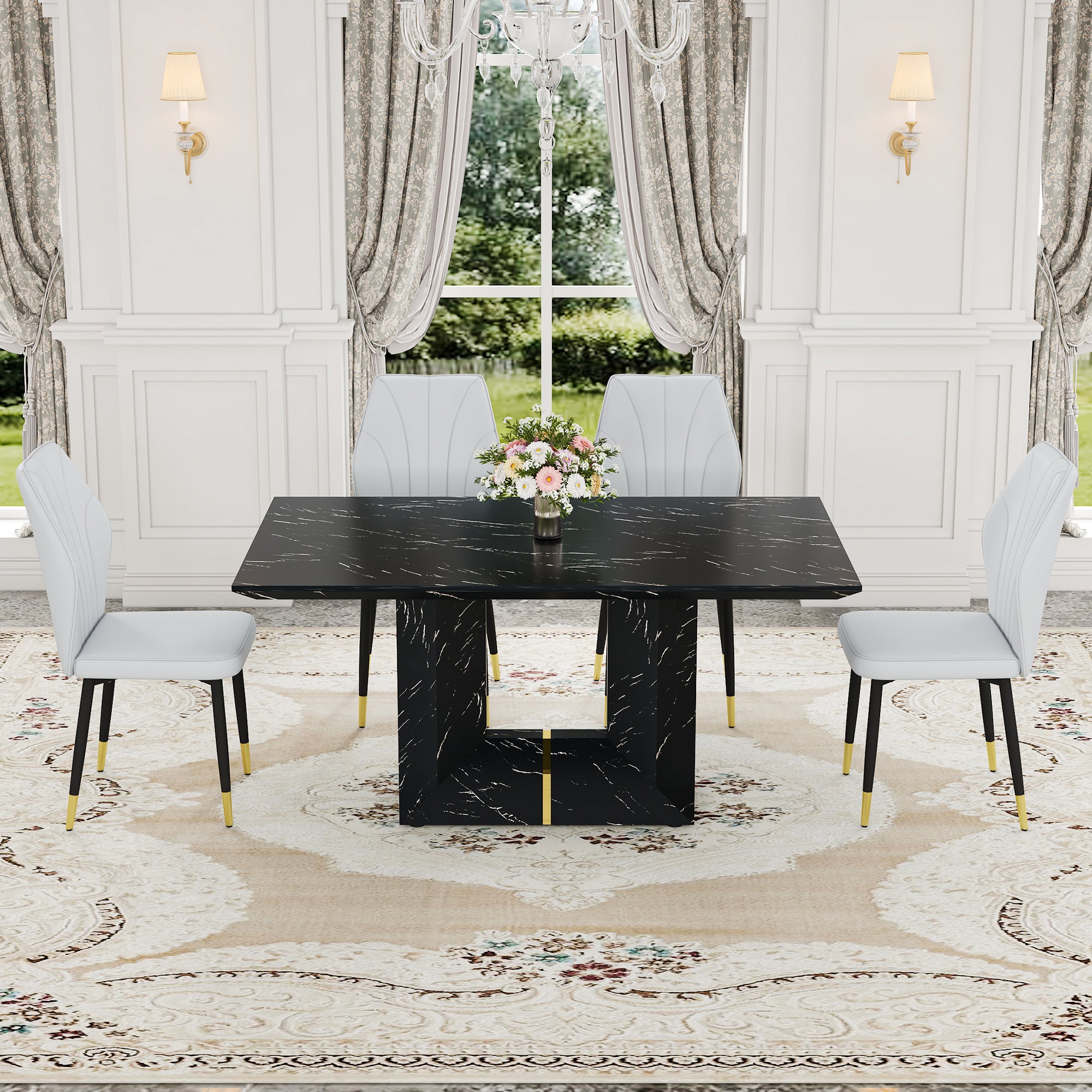 Black Marble Dining Set w/ 4 Gray Chairs