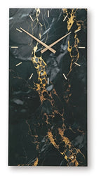 Wall clock with black hands and gold marbled vein pattern on dark background