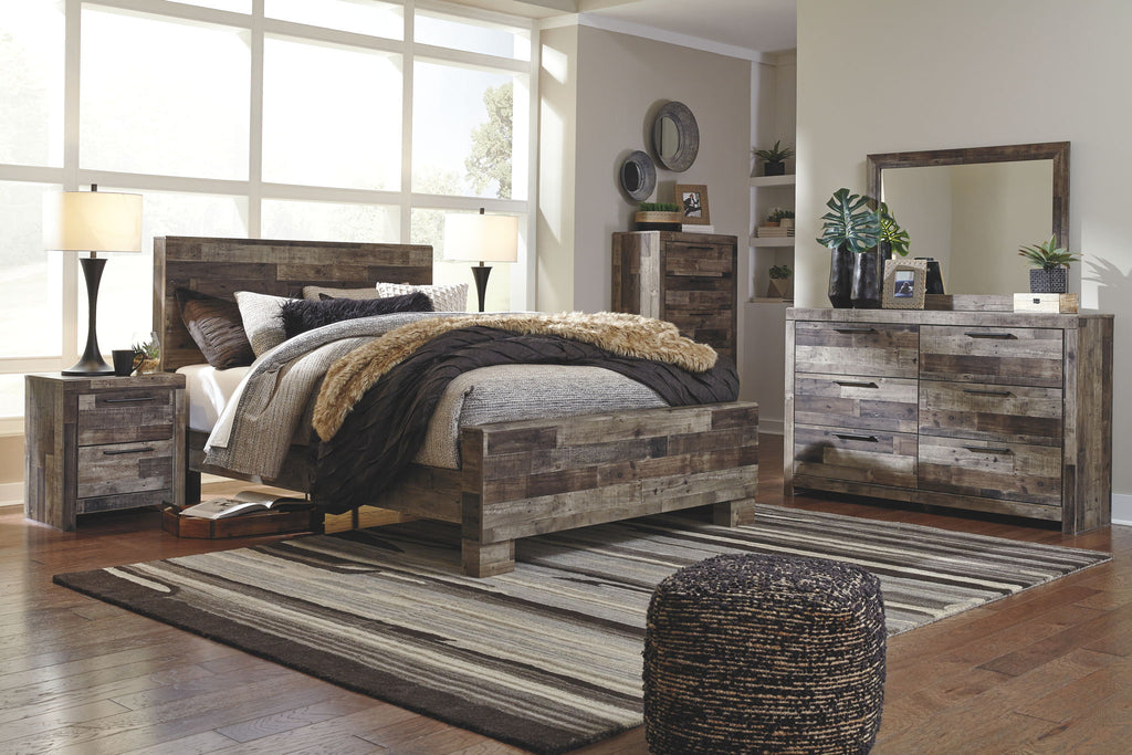 Panel bed with storage drawers, dark gray wood-look finish, wide view with footboard rails
