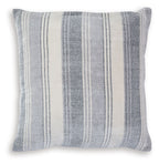 Striped throw pillow in gray, blue, and white with square design