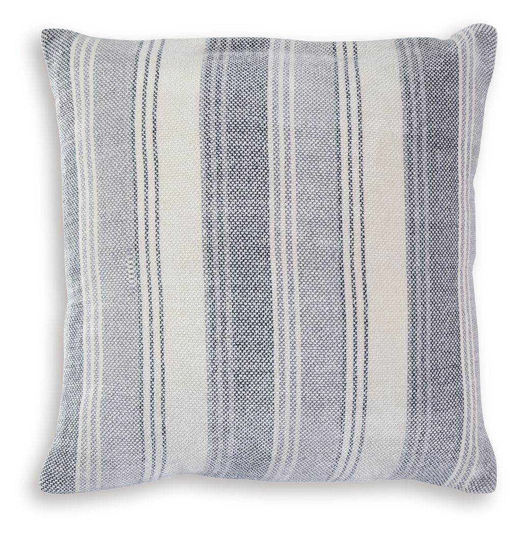 Striped throw pillow in gray, blue, and white with square design