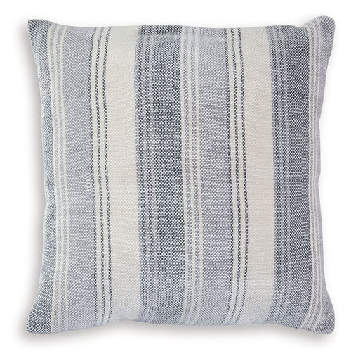 Striped throw pillow in gray, blue, and white with square design