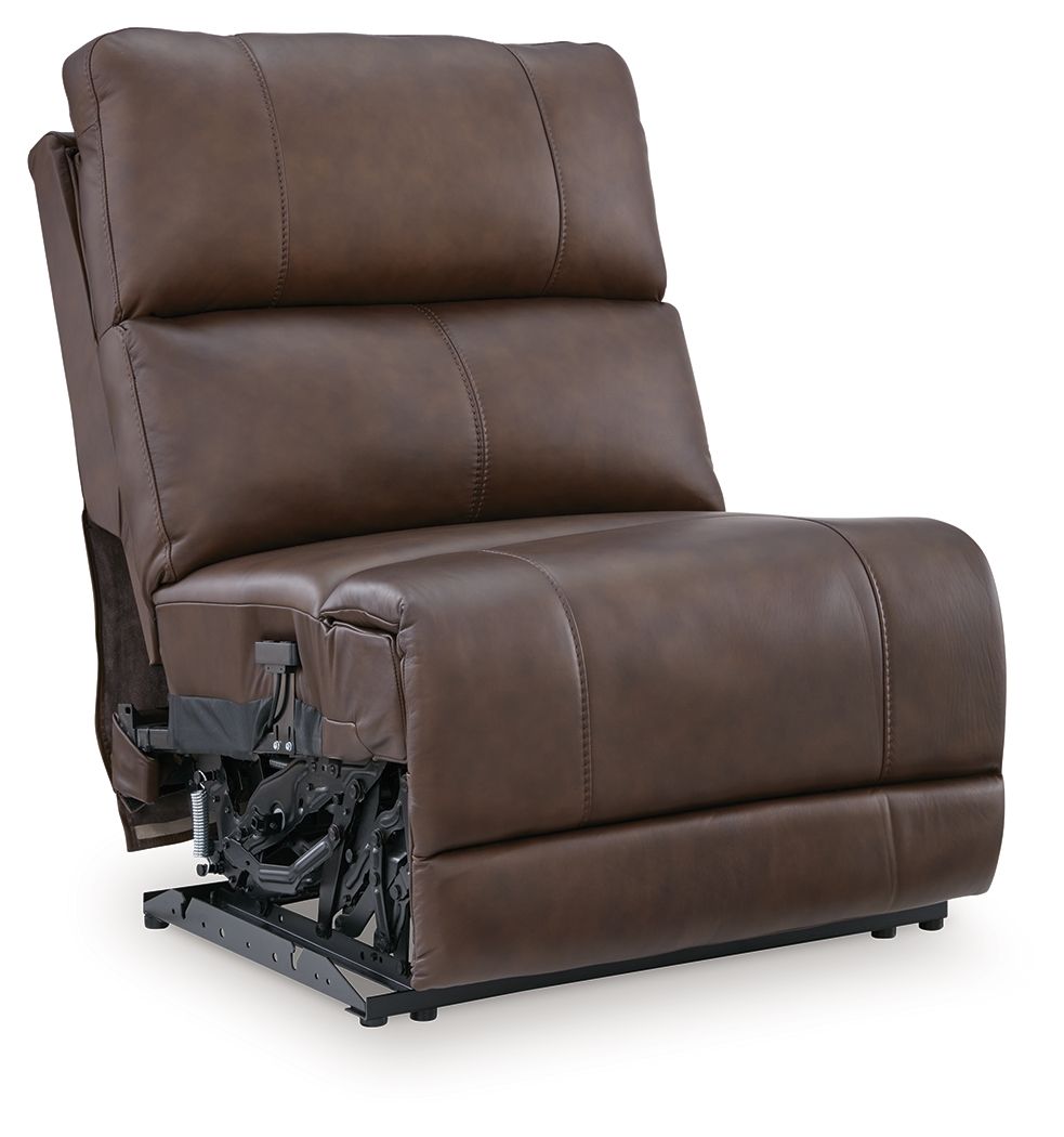 Espresso brown power armless recliner with adjustable headrest and visible power base
