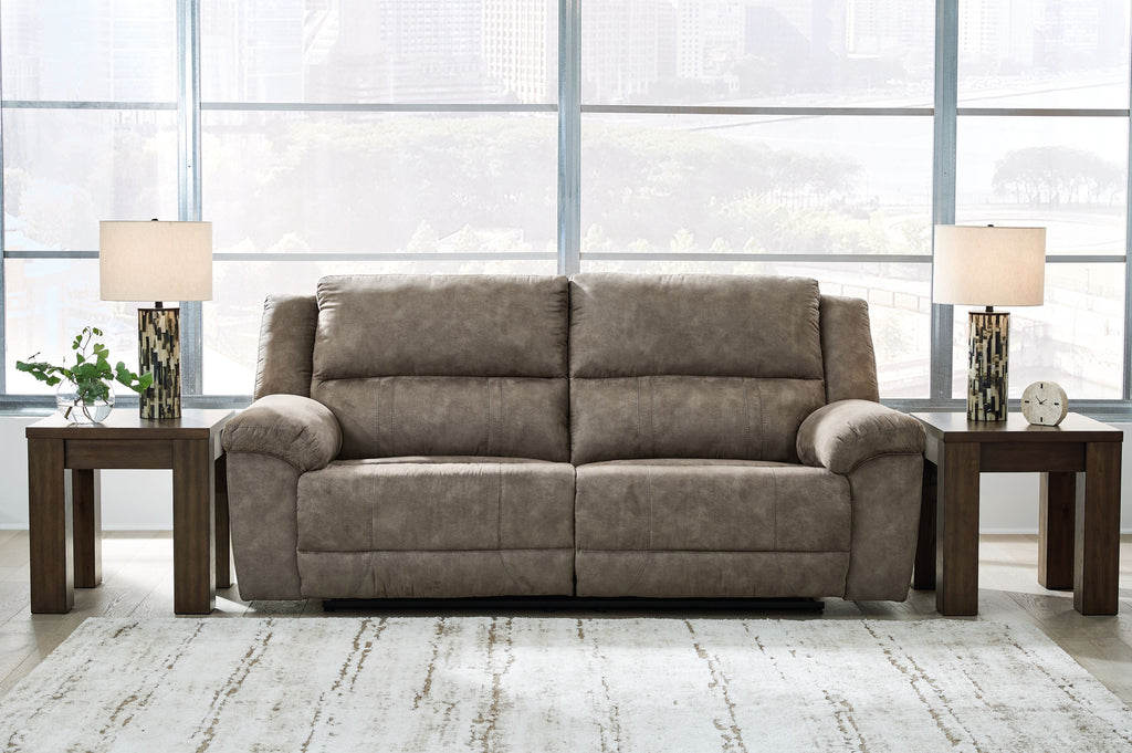 2-seat reclining sofa with cushions and curved armrests, fossil gray fabric
