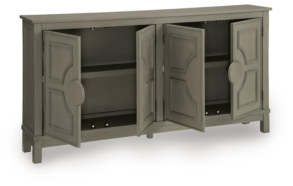 Warm gray accent cabinet with two center doors open, showing interior shelves