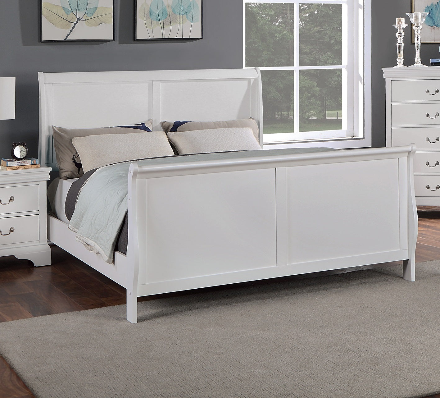 White Modern Queen Sleigh Bed - Plywood Frame Bedroom Furniture