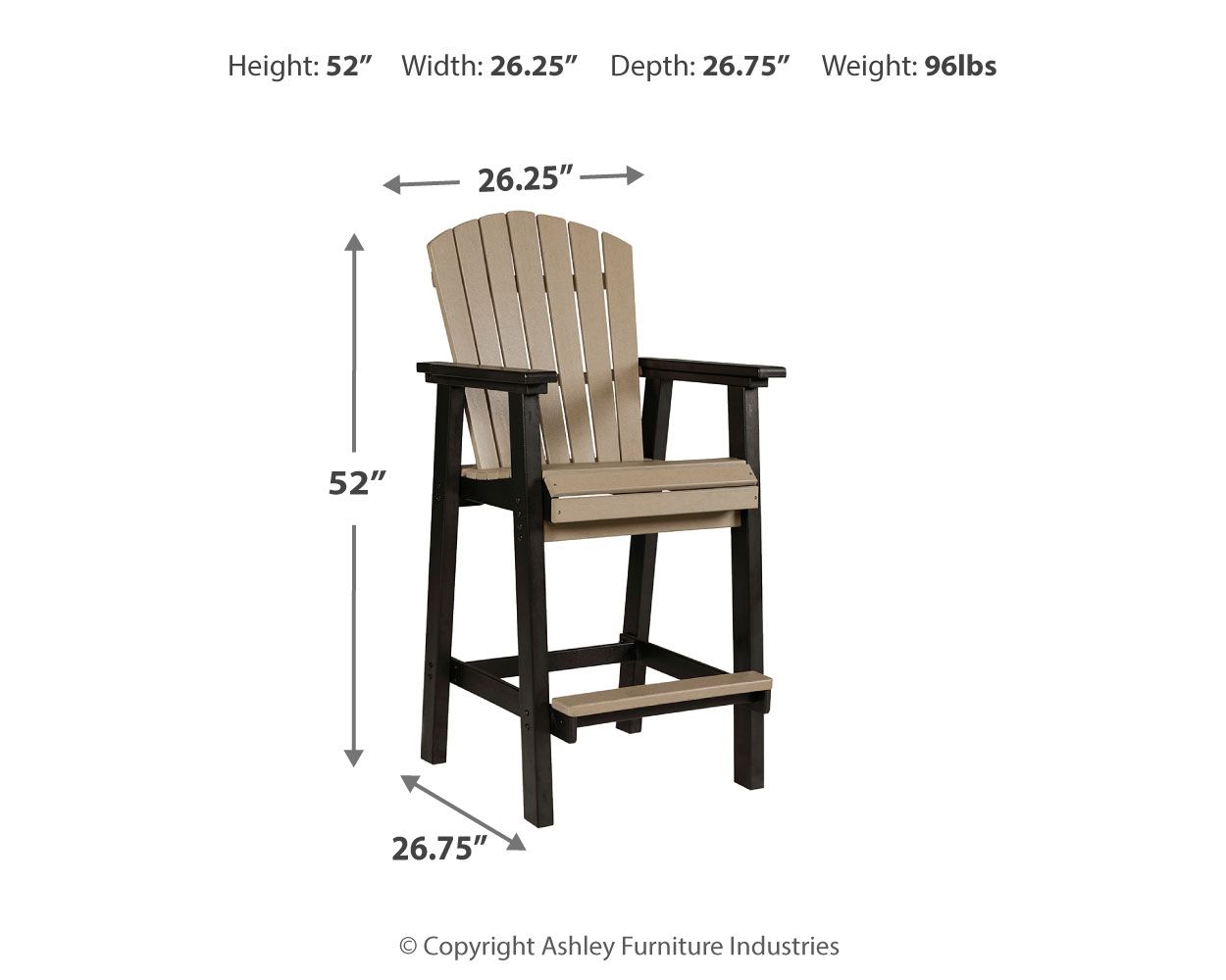 Tall barstool: height 52 in, width 26.25 in, black frame with beige slatted back