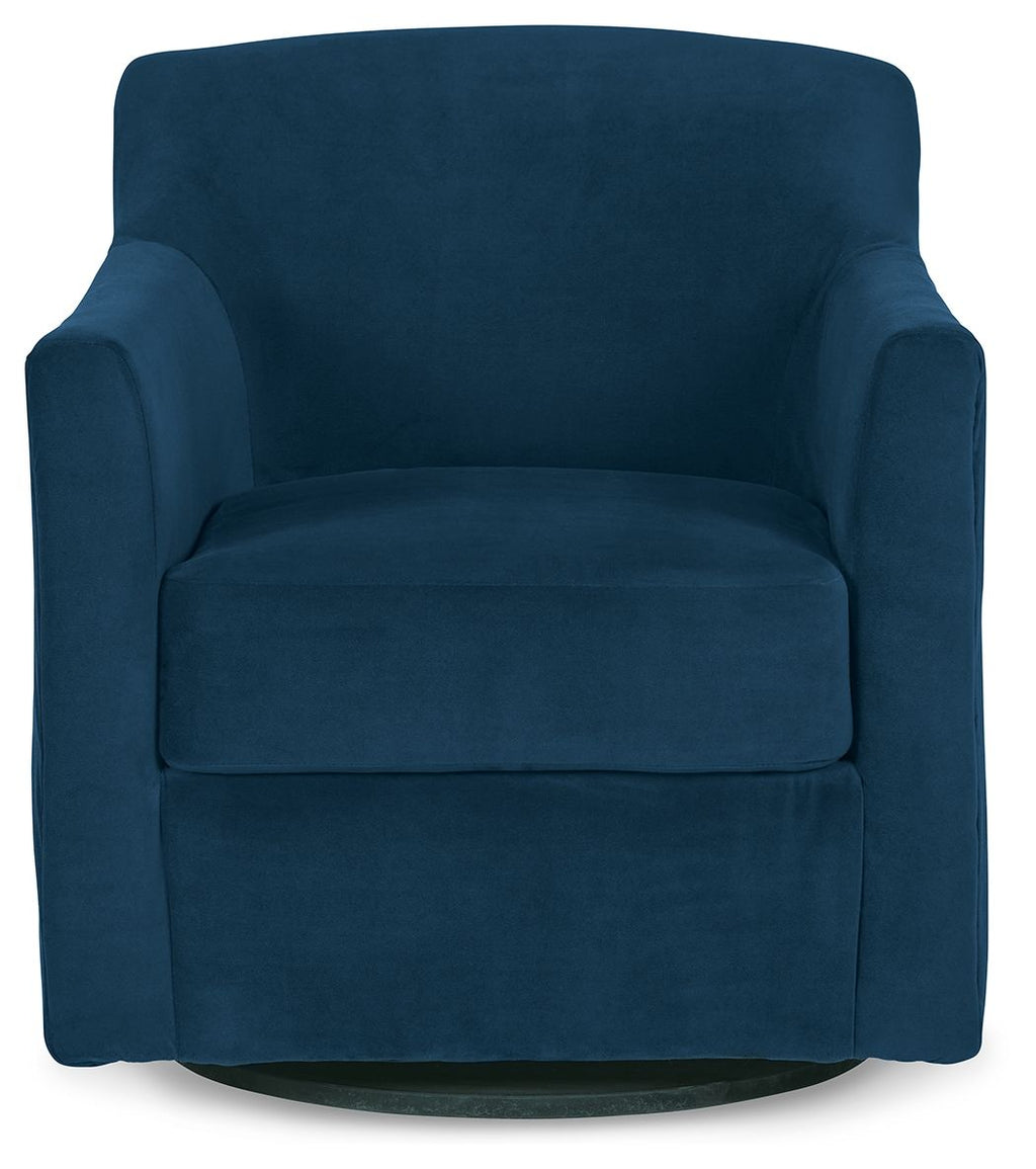 Blue swivel accent chair with padded seat, rolled arms, and rounded back