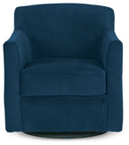 Blue swivel accent chair with padded seat, rolled arms, and rounded back