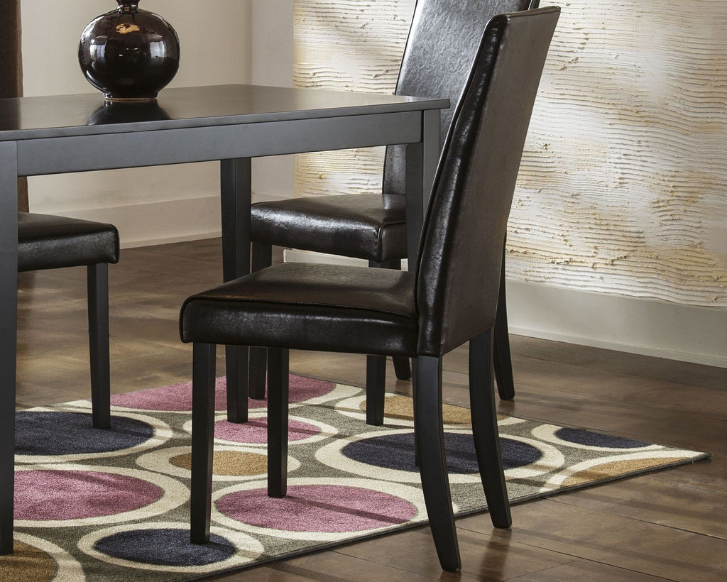 Dining side chair in dark brown upholstery with padded seat and straight legs