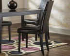Dining side chair in dark brown upholstery with padded seat and straight legs